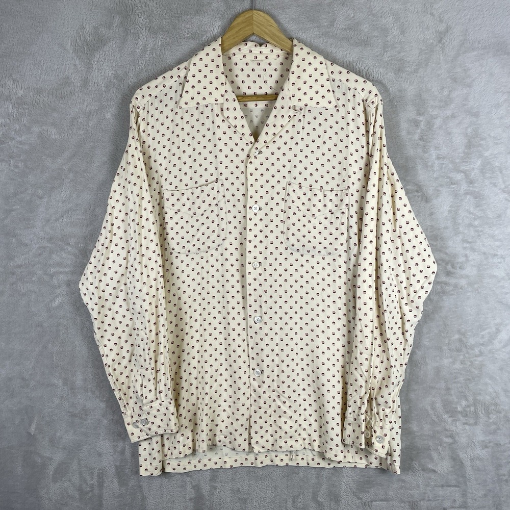 Vintage 1950s Rayon Loop Collar Shirt Long Sleeve Rockabilly AOP Fleck Novelty